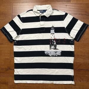 Vintage Ralph Lauren Rugby Polo Shirt Mens L Stripe Short Sleeve Lighthouse VTG